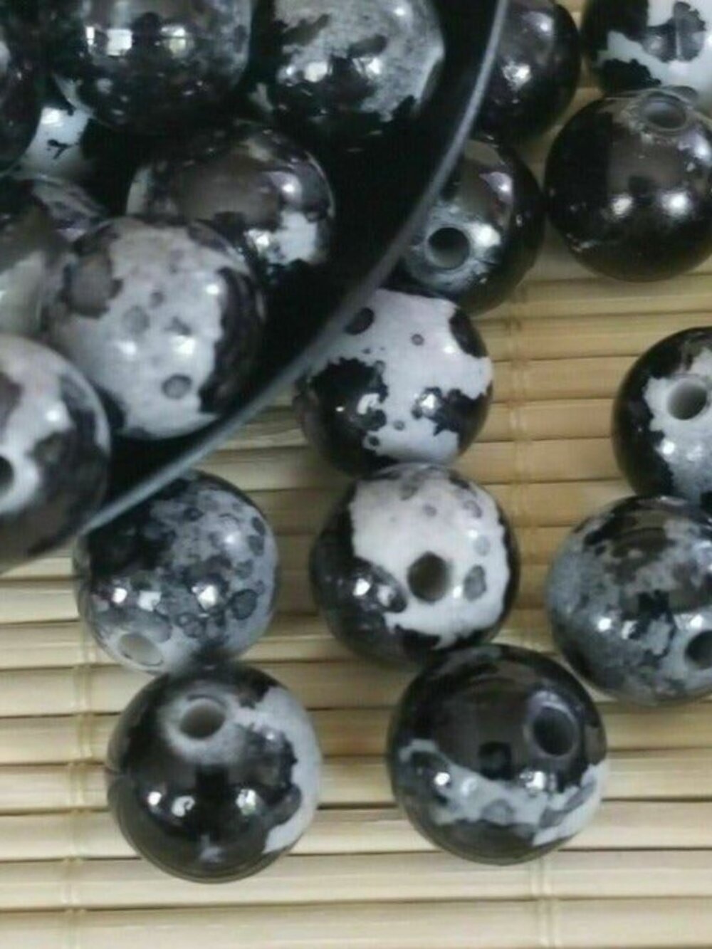 Vintage Retro Black Grey Cow Animal Print 12mm Round Lucite Acrylic Beads 20 pcs